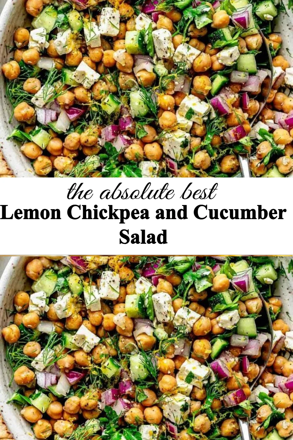 Lemon chickpea and cucumber salad in a bowl with fresh herbs
