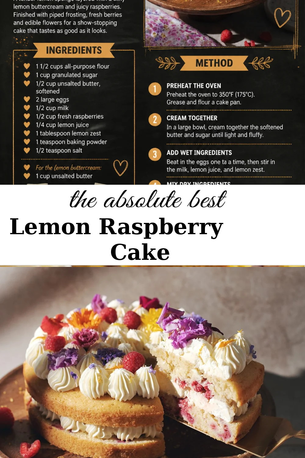 Slice of Lemon Raspberry Cake with fresh raspberries and lemon zest