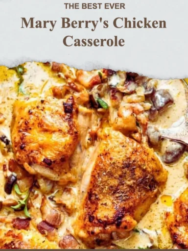 Mary Berry's delicious chicken casserole served in a rustic dish.