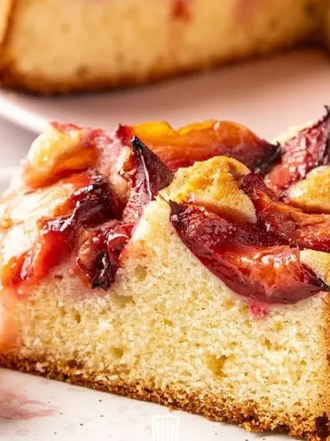 Delicious slice of homemade plum cake served on a rustic plate