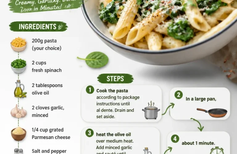 Bowl of quick spinach pasta topped with parmesan cheese
