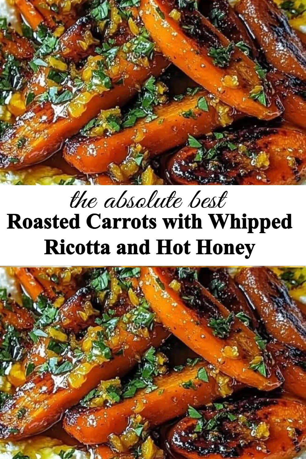 Roasted carrots with whipped ricotta and hot honey served on a plate