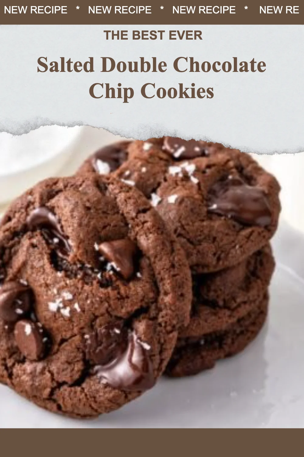 Delicious salted double chocolate chip cookies with melted chocolate and sea salt