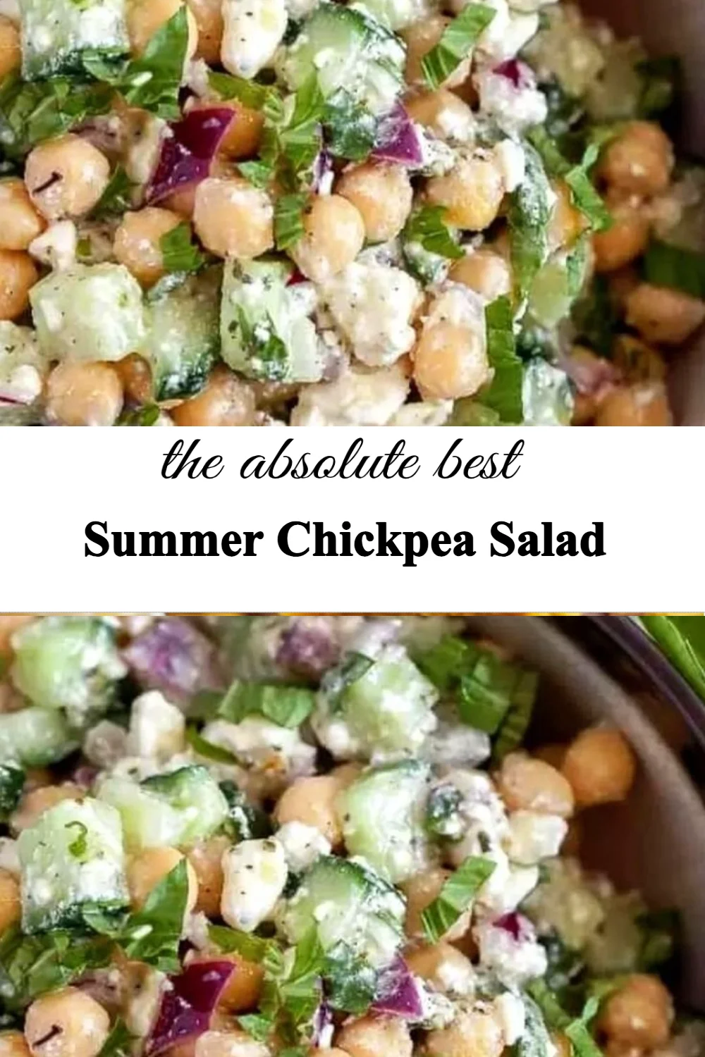 Colorful Summer Chickpea Salad with vegetables and herbs in a bowl.