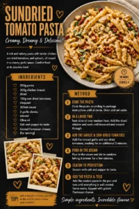 A bowl of sundried tomato pasta garnished with fresh basil and parmesan cheese.