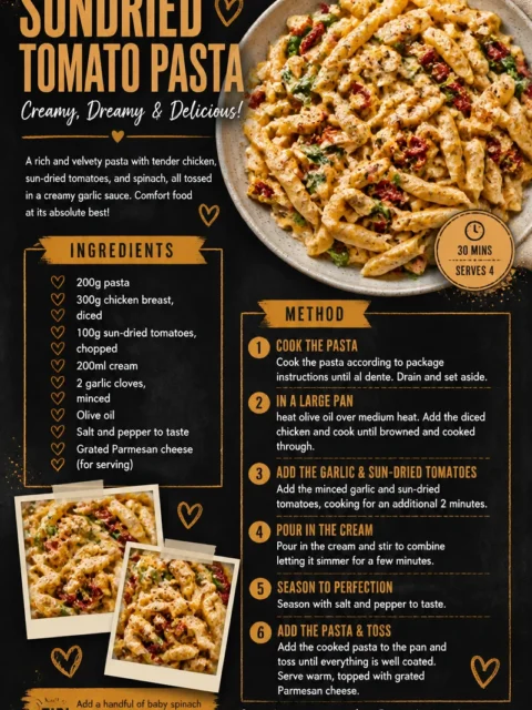 A bowl of sundried tomato pasta garnished with fresh basil and parmesan cheese.