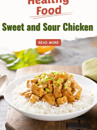 Plate of sweet and sour chicken with vibrant vegetables and rice
