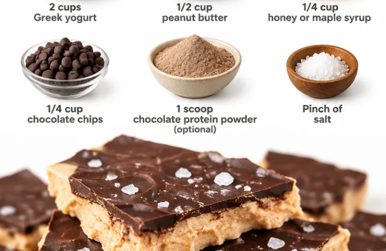10 Minute Peanut Butter Chocolate Bark dessert with Greek yogurt and chocolate drizzle