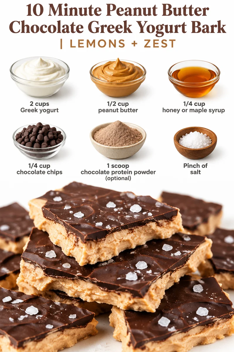 10 Minute Peanut Butter Chocolate Bark dessert with Greek yogurt and chocolate drizzle