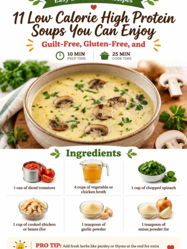 A selection of low calorie high protein soups garnished with fresh herbs.
