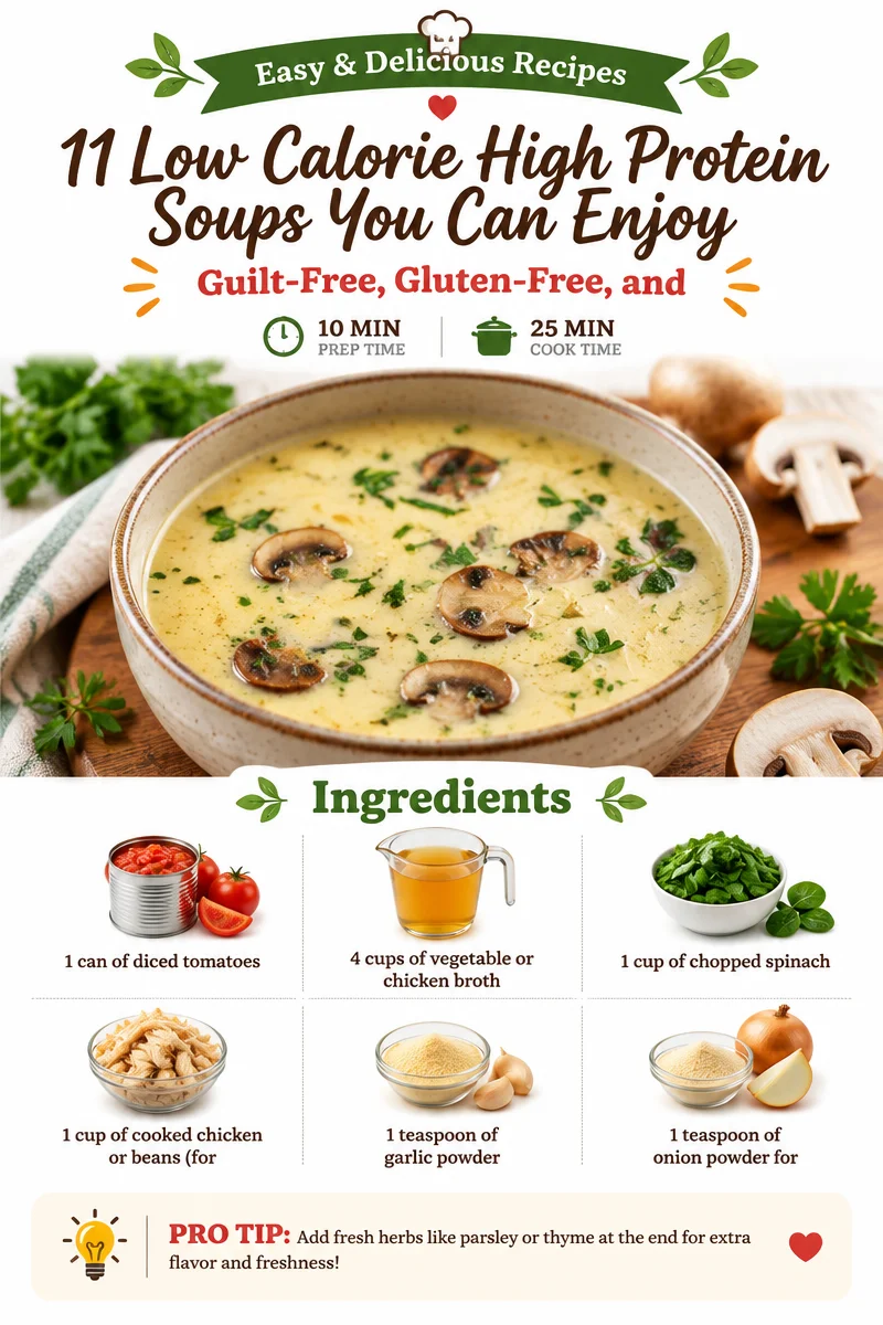 A selection of low calorie high protein soups garnished with fresh herbs.
