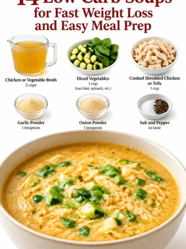 A selection of low carb soups for weight loss and easy meal prep.