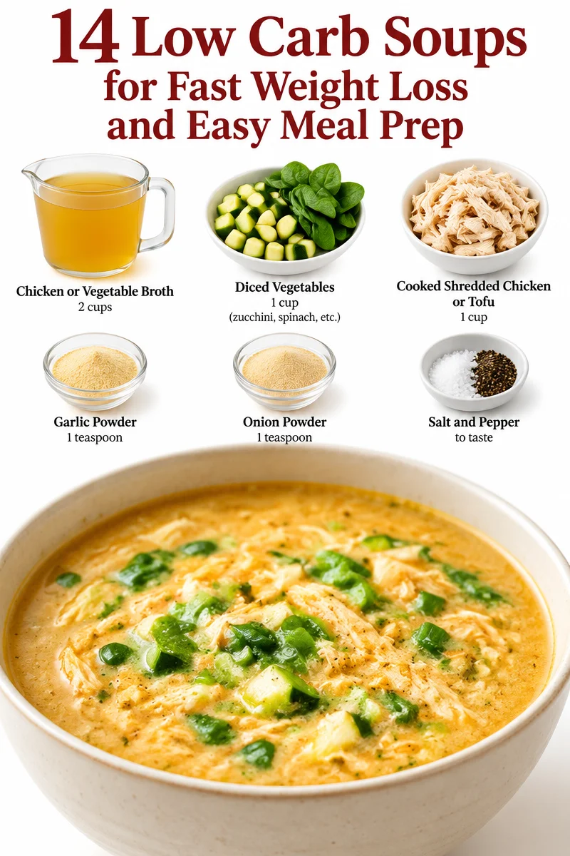 A selection of low carb soups for weight loss and easy meal prep.