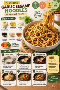 Bowl of quick and easy garlic sesame noodles topped with green onions