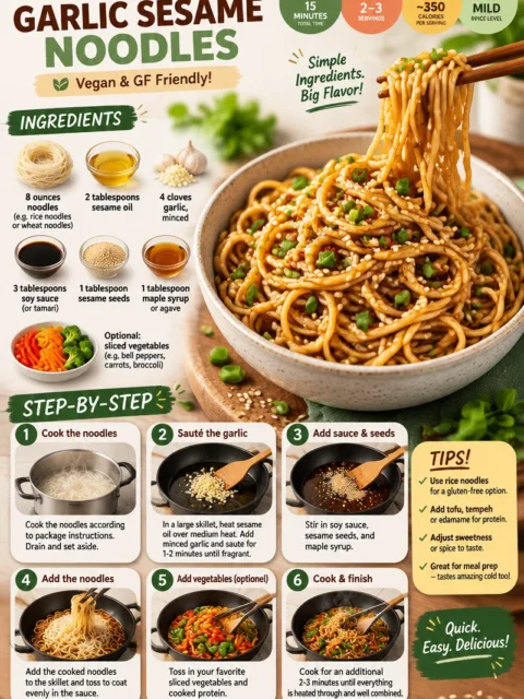 Bowl of quick and easy garlic sesame noodles topped with green onions