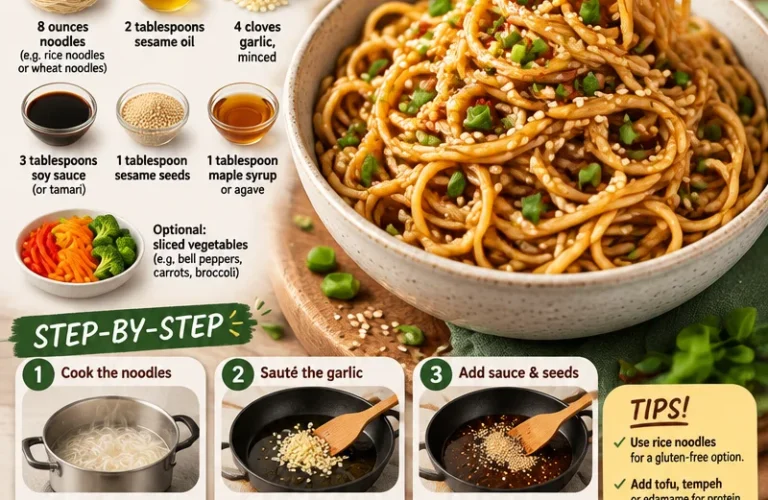 Bowl of quick and easy garlic sesame noodles topped with green onions