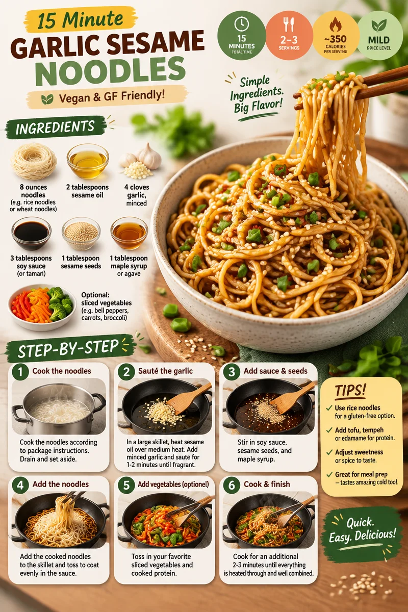 Bowl of quick and easy garlic sesame noodles topped with green onions