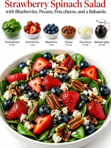 Delicious strawberry spinach salad with blueberries, pecans, and feta cheese