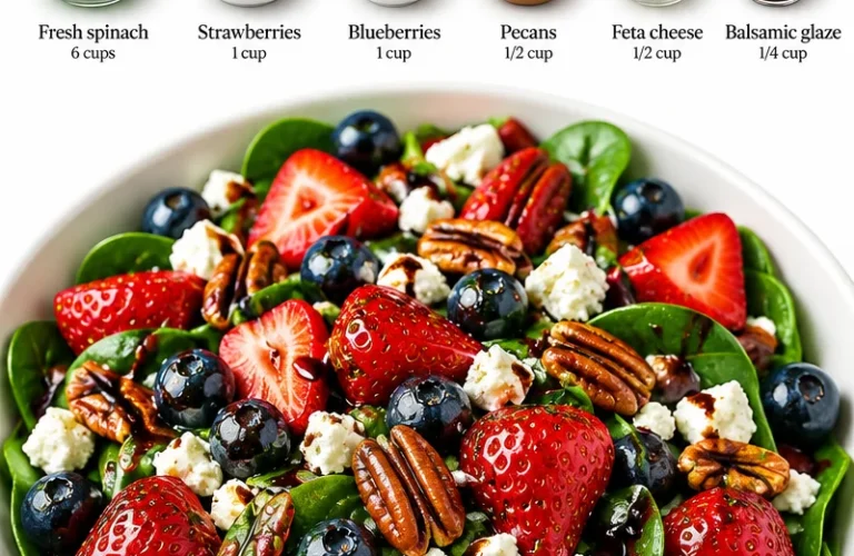 Delicious strawberry spinach salad with blueberries, pecans, and feta cheese