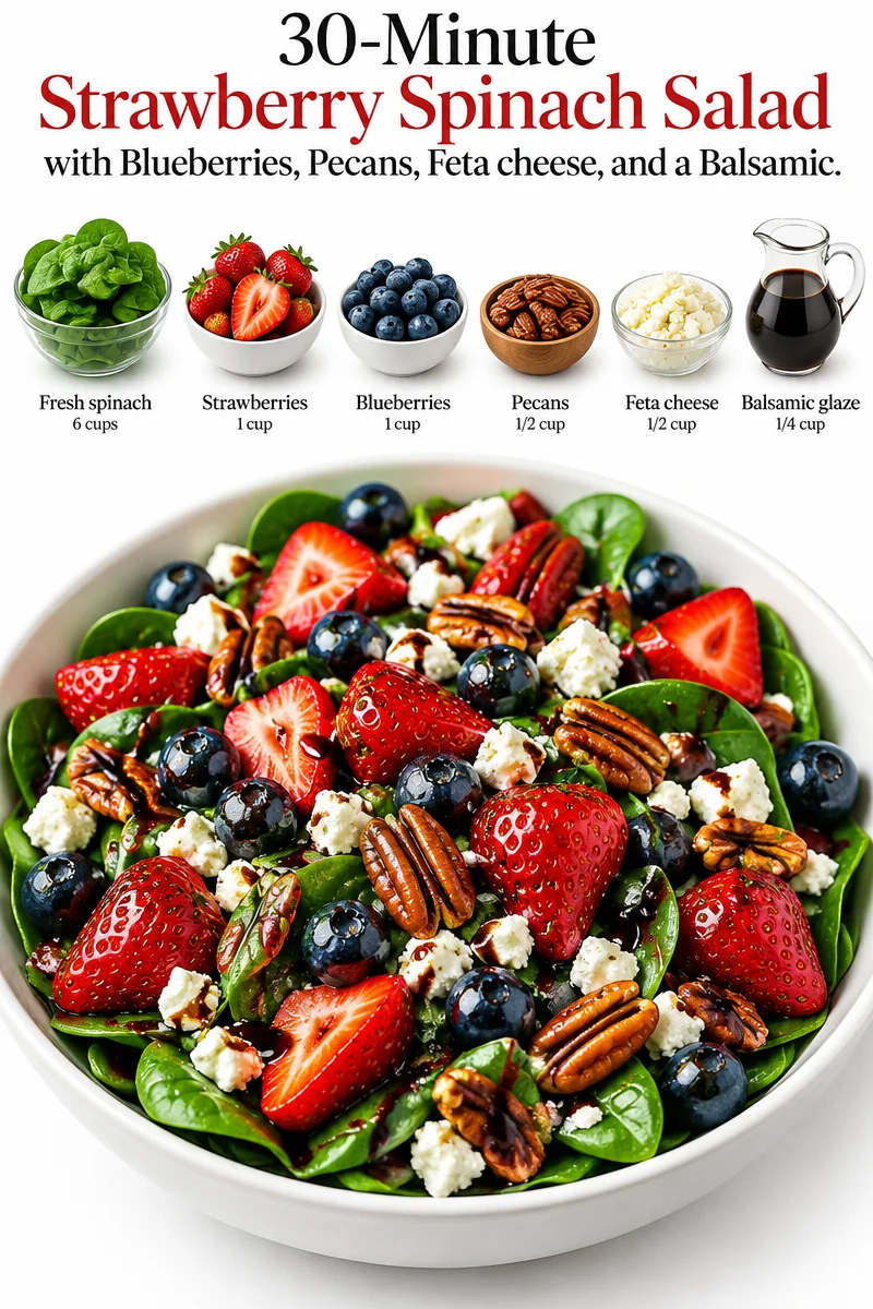 Delicious strawberry spinach salad with blueberries, pecans, and feta cheese