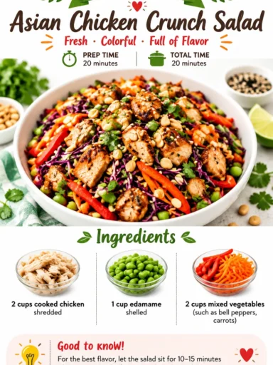 Delicious Asian Chicken Crunch Salad with fresh vegetables and crispy toppings