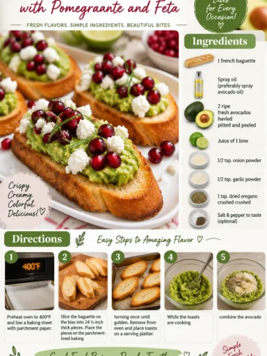 Avocado Bruschetta with pomegranate seeds and feta cheese on toasted bread