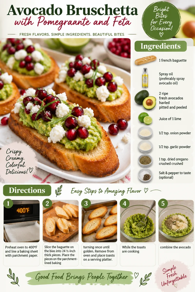 Avocado Bruschetta with pomegranate seeds and feta cheese on toasted bread