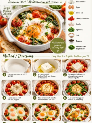 Delicious baked feta eggs served in a skillet with fresh herbs and vegetables