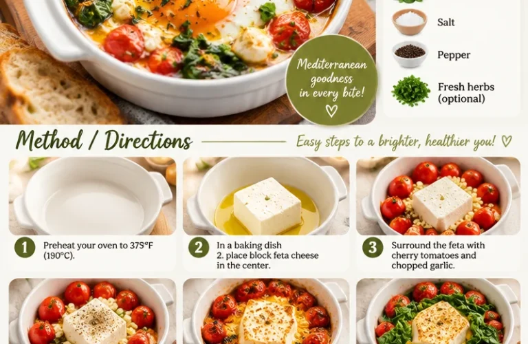 Delicious baked feta eggs served in a skillet with fresh herbs and vegetables
