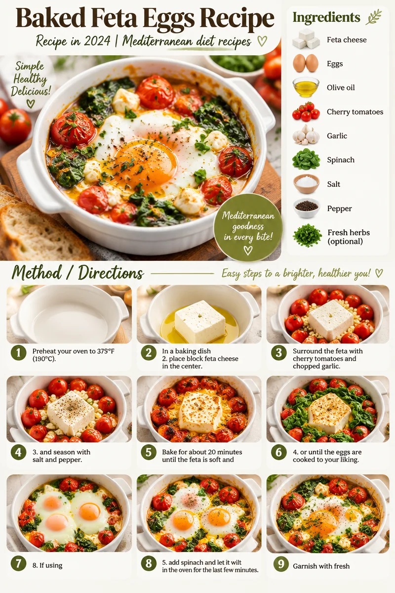 Delicious baked feta eggs served in a skillet with fresh herbs and vegetables