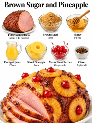Baked ham with brown sugar and pineapple glaze served on a platter