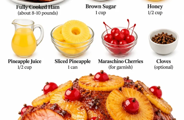 Baked ham with brown sugar and pineapple glaze served on a platter