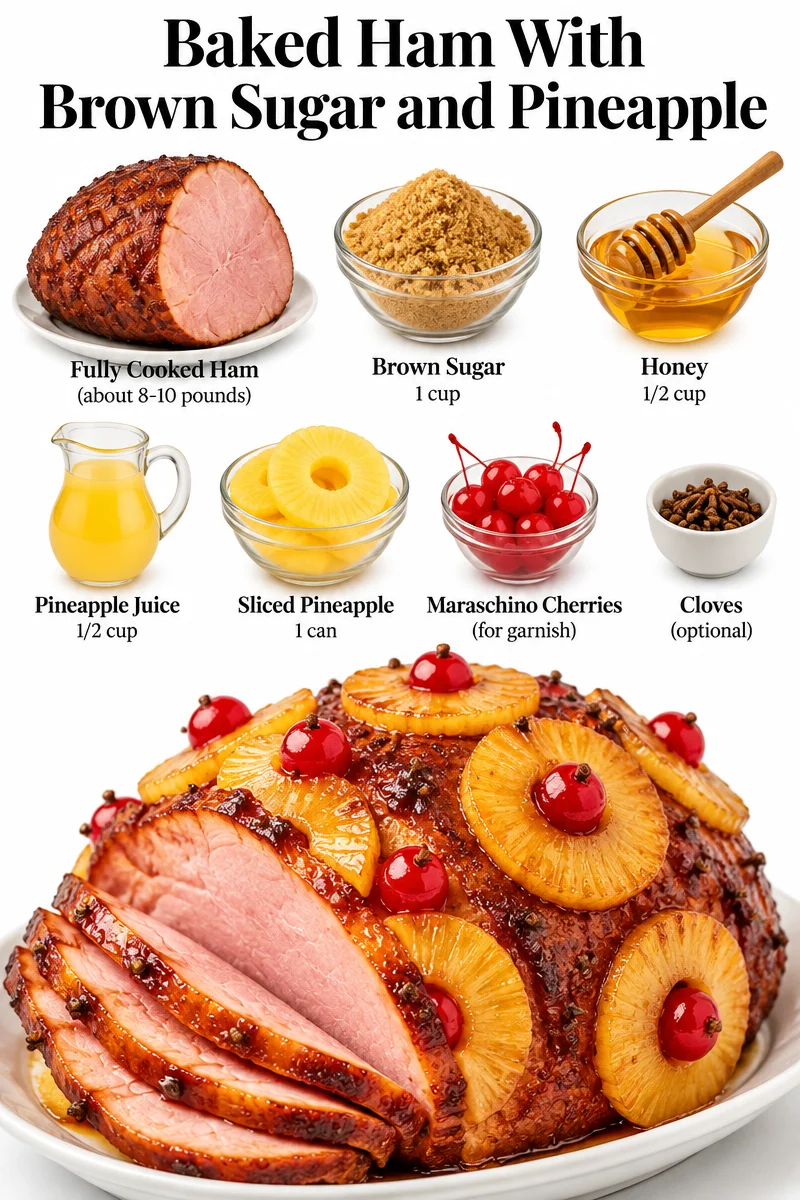 Baked ham with brown sugar and pineapple glaze served on a platter