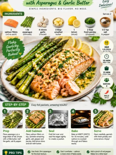 Baked salmon in foil with asparagus and garlic butter for a healthy meal