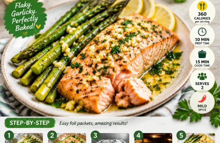Baked salmon in foil with asparagus and garlic butter for a healthy meal