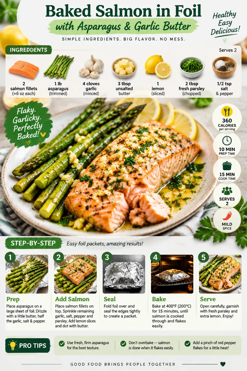 Baked salmon in foil with asparagus and garlic butter for a healthy meal