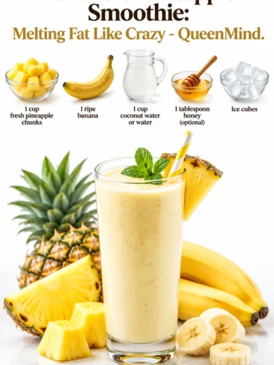 Refreshing Banana Pineapple Smoothie in a glass with tropical fruits
