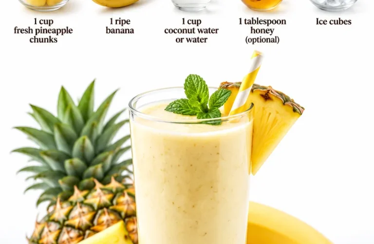 Refreshing Banana Pineapple Smoothie in a glass with tropical fruits