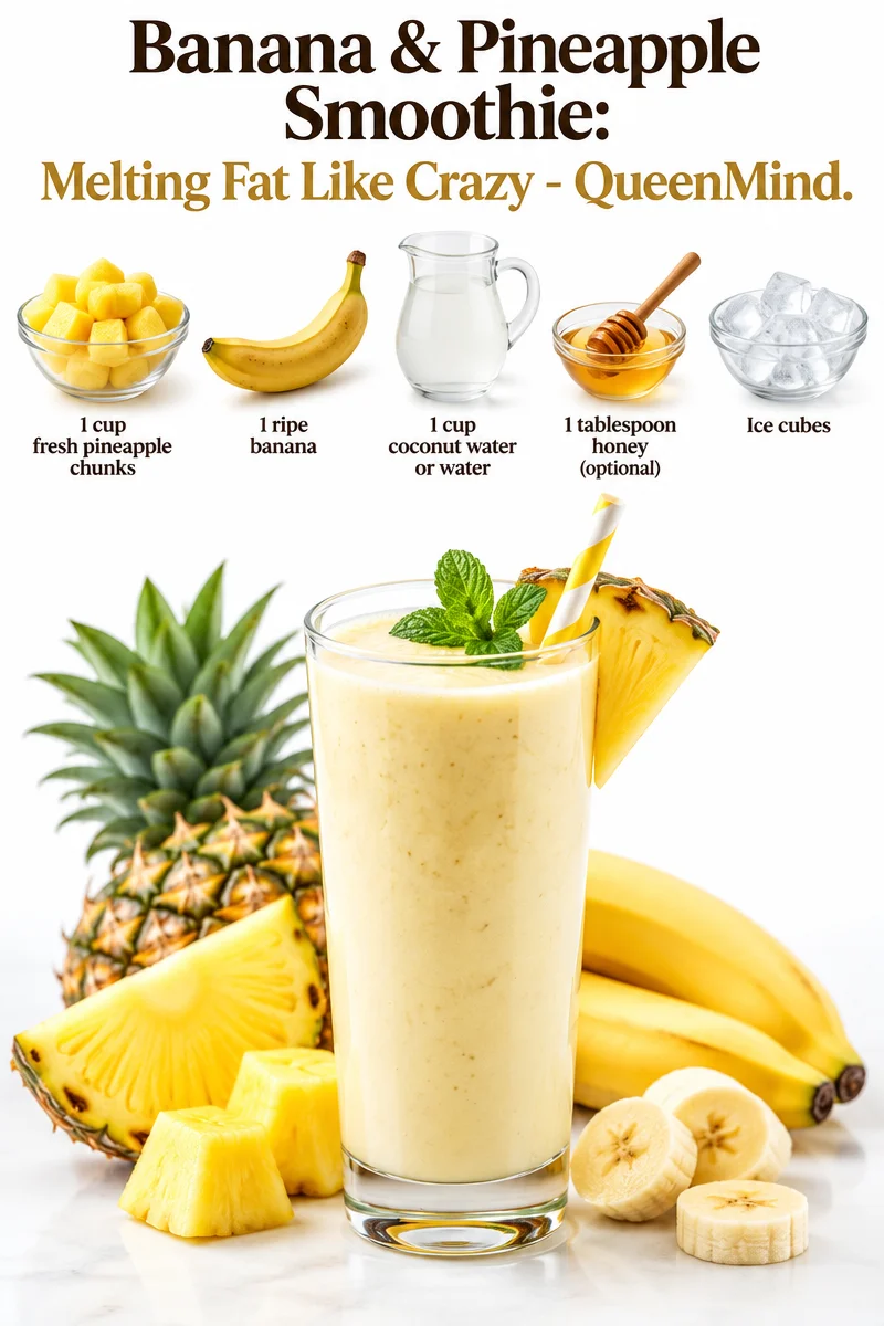 Refreshing Banana Pineapple Smoothie in a glass with tropical fruits