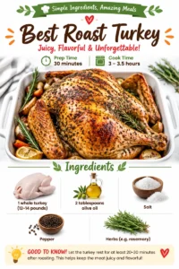 Golden brown roast turkey garnished with herbs for a festive meal