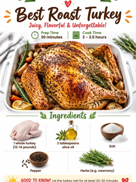 Golden brown roast turkey garnished with herbs for a festive meal