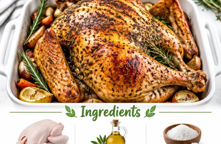 Golden brown roast turkey garnished with herbs for a festive meal