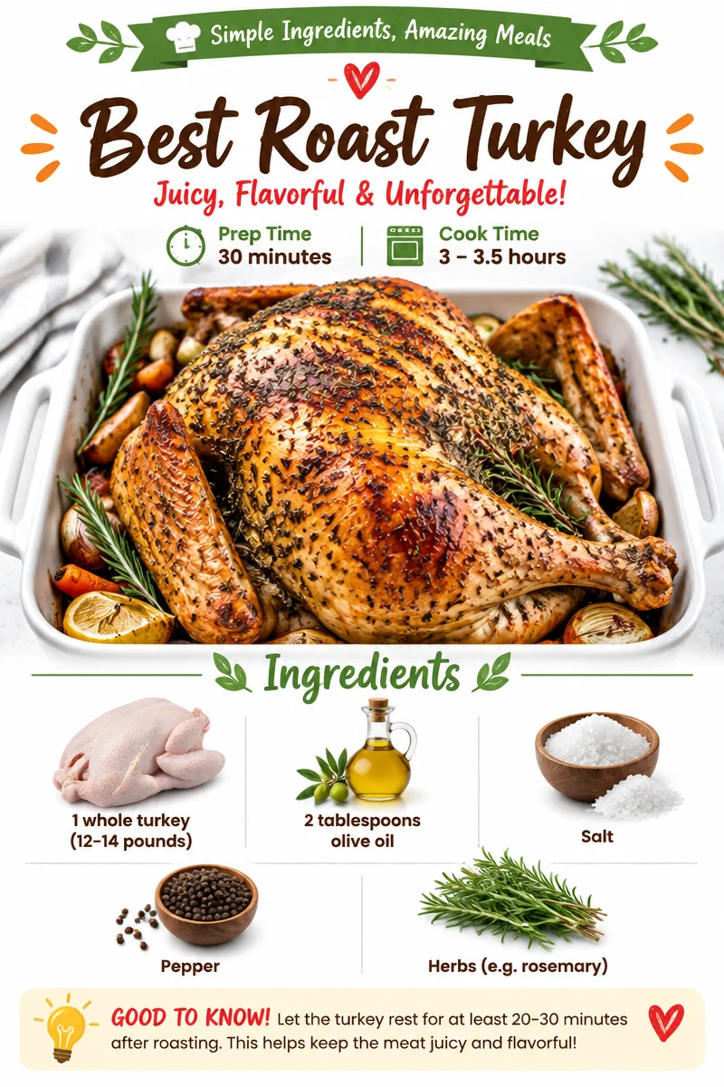Golden brown roast turkey garnished with herbs for a festive meal