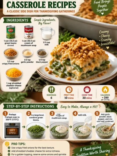 Delicious Southern green bean casserole prepared for Thanksgiving dinner