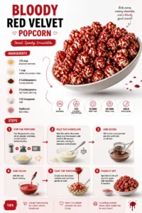 Bloody Red Velvet Popcorn in a bowl, a festive Halloween treat.