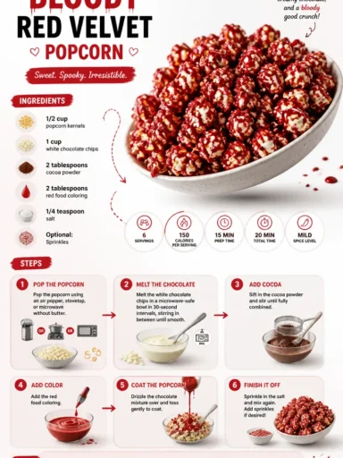 Bloody Red Velvet Popcorn in a bowl, a festive Halloween treat.
