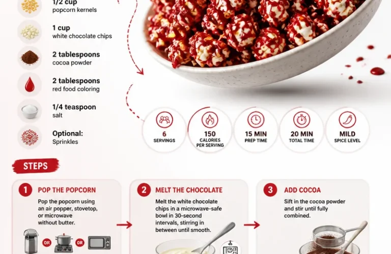 Bloody Red Velvet Popcorn in a bowl, a festive Halloween treat.
