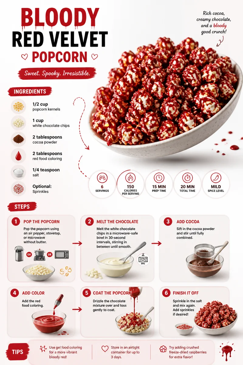 Bloody Red Velvet Popcorn in a bowl, a festive Halloween treat.