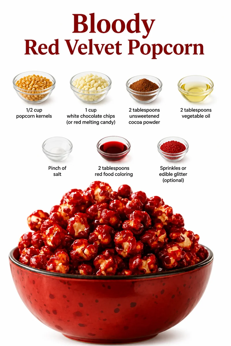Bloody red velvet popcorn in a bowl garnished with white chocolate drizzle.
