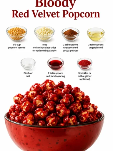 Bloody Red Velvet Popcorn in a decorative bowl, a festive snack for celebrations.